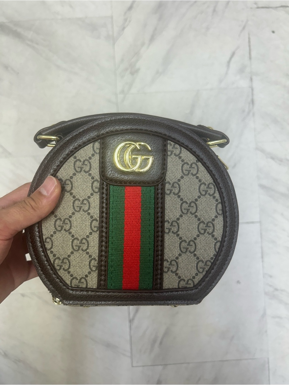 Gucci Brown GG Supreme Round Belt Bag with Green and Red Web